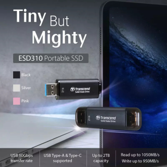 Transcend 512GB Portable External SSD - USB 3.2 Gen 2, Up to 1050 MB/s Transfer Speeds, Compatible with iPhone, iPad, Android, and Car Audio Systems, Includes 2-in-1 Type-C and Type-A Cables, Black, TS512GESD310C.