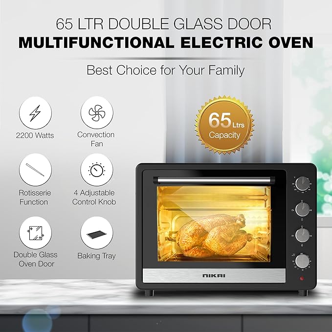 Nikai Oven Electric 65L With Rosting Fuction 4 Knobs Control 2200W Nt6500Src2 120 Mins Timer Convection Function Stainless Steel Heating Elements Inner Light Double Glass Panel 2 Nikai Oven Electric 65L With Rosting Fuction 4 Knobs Control 2200W Nt6500Src2 120 Mins Timer Convection Function Stainless Steel Heating Elements Inner Light Double Glass Panel