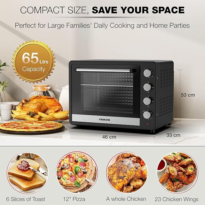 Nikai Oven Electric 65L With Rosting Fuction 4 Knobs Control 2200W Nt6500Src2 120 Mins Timer Convection Function Stainless Steel Heating Elements Inner Light Double Glass Panel 5 Nikai Oven Electric 65L With Rosting Fuction 4 Knobs Control 2200W Nt6500Src2 120 Mins Timer Convection Function Stainless Steel Heating Elements Inner Light Double Glass Panel