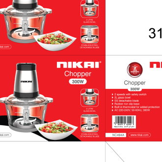 Nikai Chopper 2L Glass Bowl 300W NC494A Detachable Blade Built In Thermostat Stainless Steel Blades 2 Speeds With Safety Switch