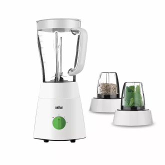 Braun Blender 1.5L Plastic Jug with Dry and Wet Grinder 500W JB0123WH 3 Plastic Jars Stainless Steel Blades Ice Crush Function 2 Speed With Pulse